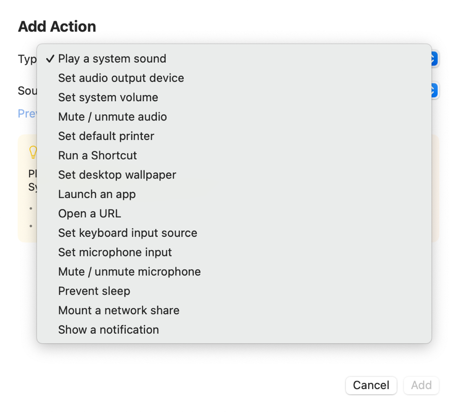 The Add Action menu in Profiles Switcher listing actions: play a sound, set audio output, set volume, mute, set default printer, run a Shortcut, set wallpaper, launch an app, open a URL, set keyboard input, microphone input, prevent sleep, mount a network share, show a notification