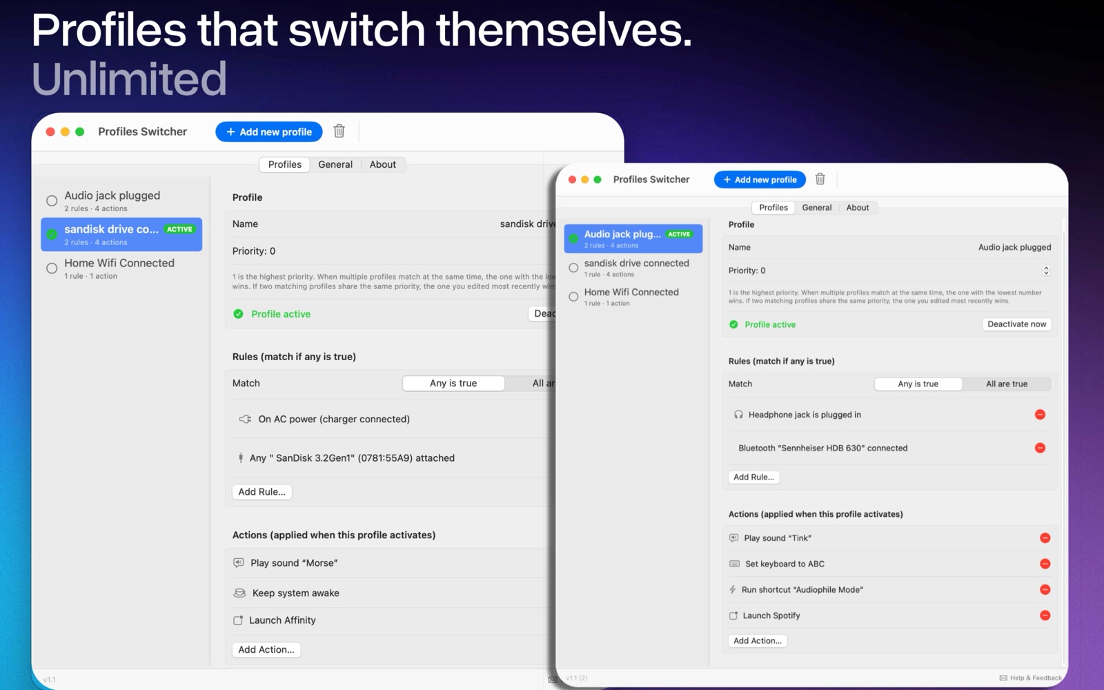 Profiles Switcher windows showing profiles for an audio jack, a SanDisk drive, and home Wi-Fi, each with its rules and actions