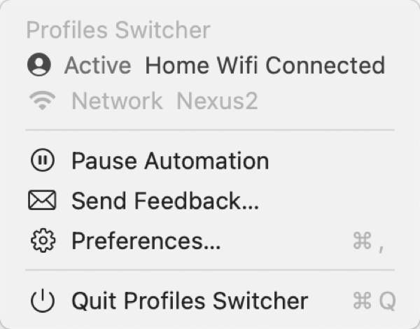 The Profiles Switcher menu bar dropdown showing the active profile, the connected Wi-Fi network, and a pause automation control
