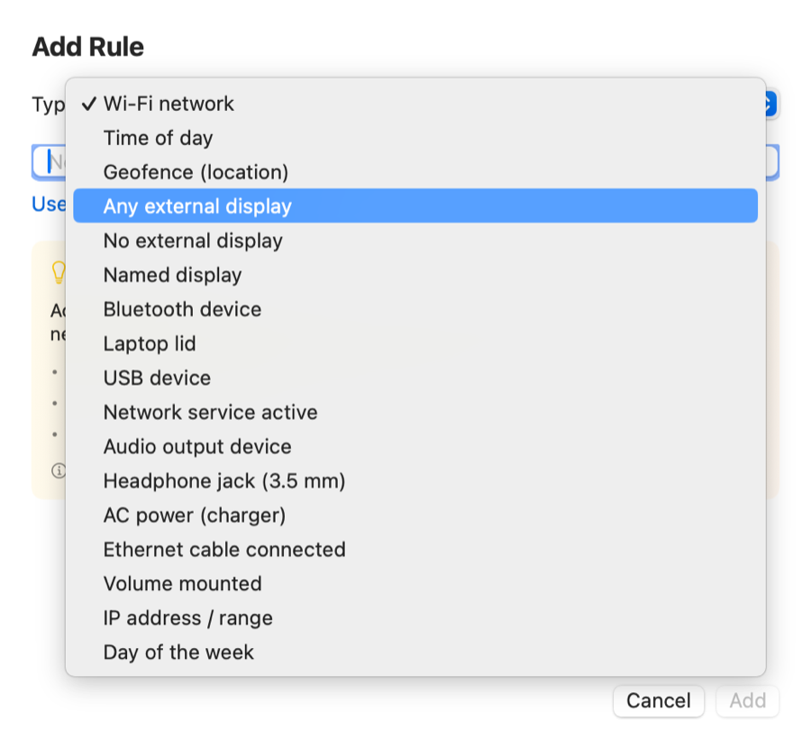 The Add Rule menu in Profiles Switcher listing triggers: Wi-Fi network, time of day, geofence, external display, Bluetooth, laptop lid, USB, audio device, headphone jack, AC power, Ethernet, volume mounted, IP range, and day of the week